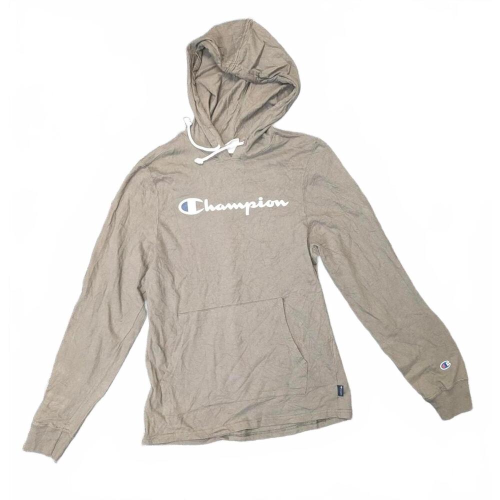 Champion Hoodie Men's Small Beige Spell Out Pullover Surf Beach Hooded Shirt